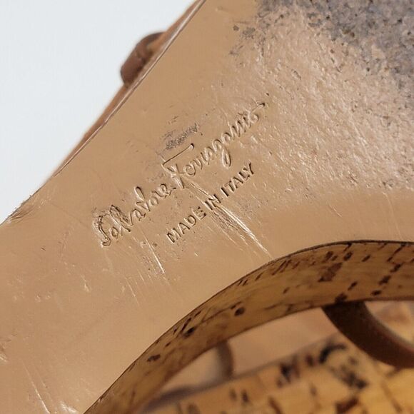 Salvatore Ferragamo Platform Cork Wedges Brown Leather Sandals Size 8.5 B Italy - Picture 16 of 16
